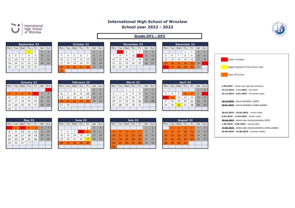 Calendars for 2022-2023 – International High School of Wrocław